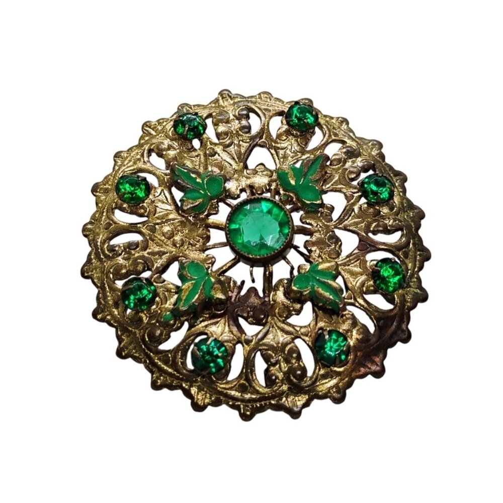 Vintage Gold-Tone Filigree Brooch With Green Rhinestones & Clover Motif 1.5" - Picture 3 of 7